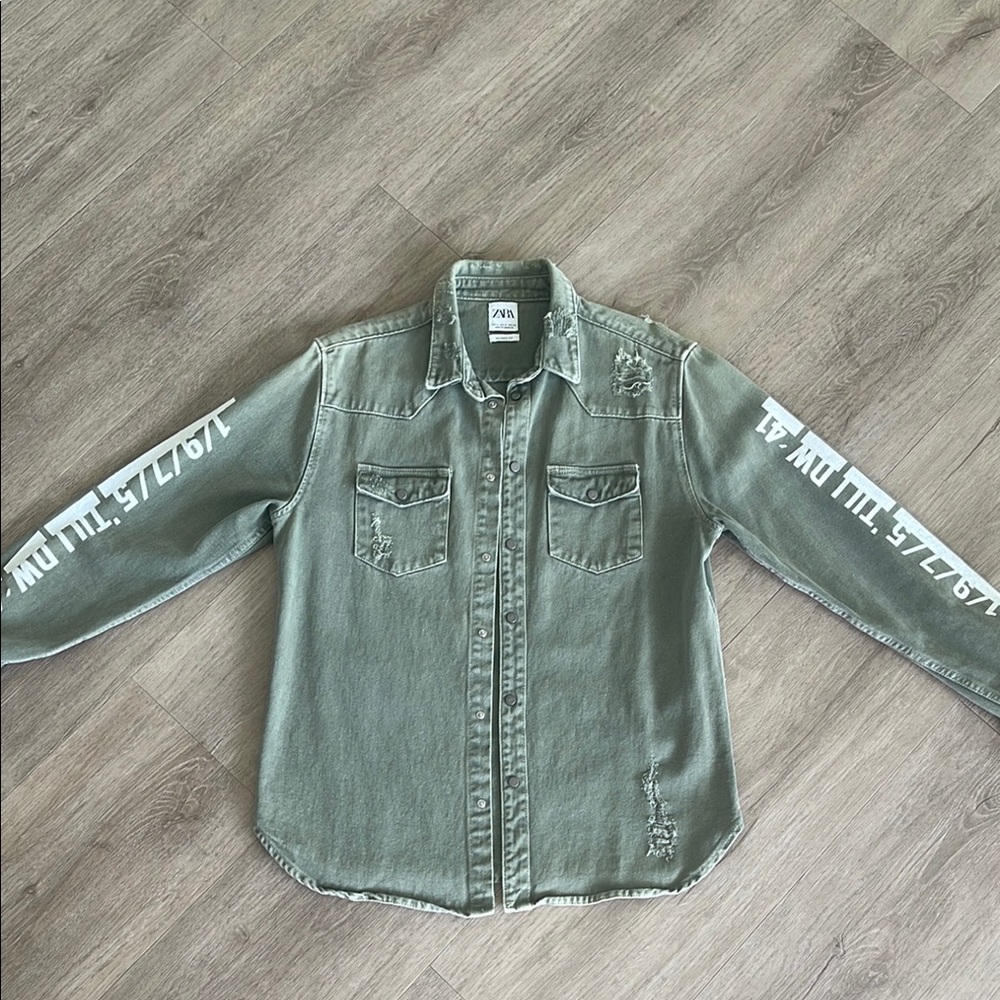 Zara Distressed Olive Green Denim Utility Jacket